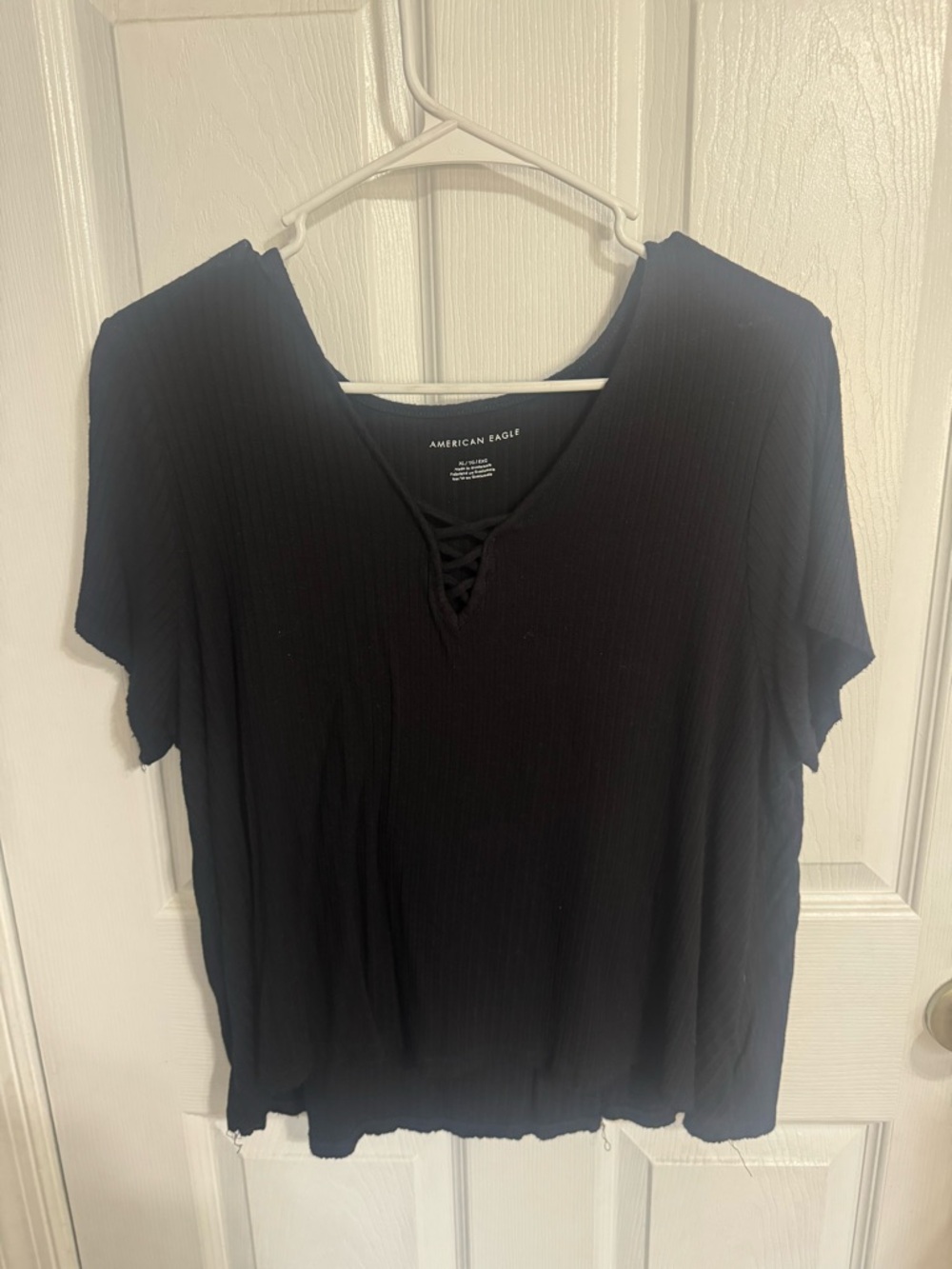 American Eagle Outfitters Black Ribbed Lace-Up V-Neck Short Sleeve Top